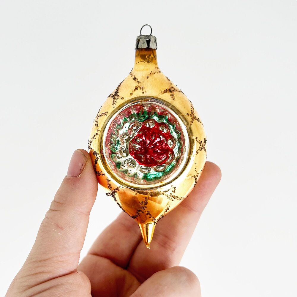 Vintage Polish Mercury Glass Poinsettia Reflector Drop Ornament Satin Yellow